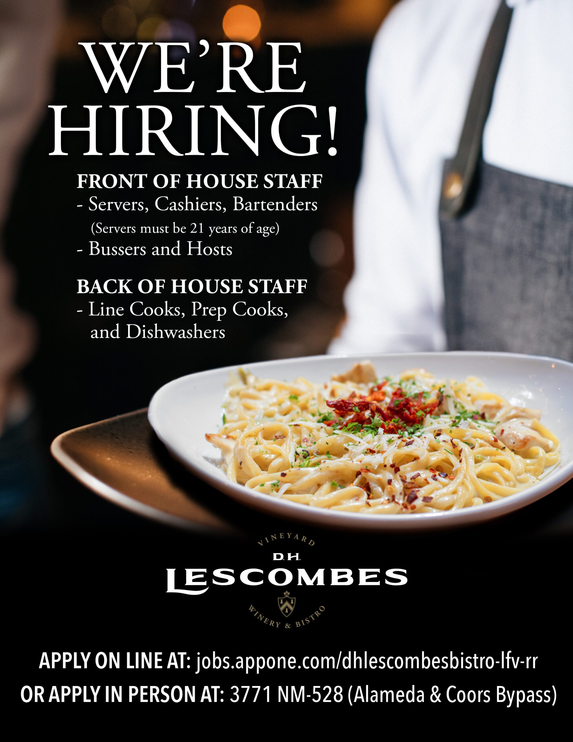 now hiring at D.H. Lescombes Winery & Bistro Cottonwood. This D.H. Lescombes Rio Rancho / Albuquerque location is our newest location, opened in October of 2024